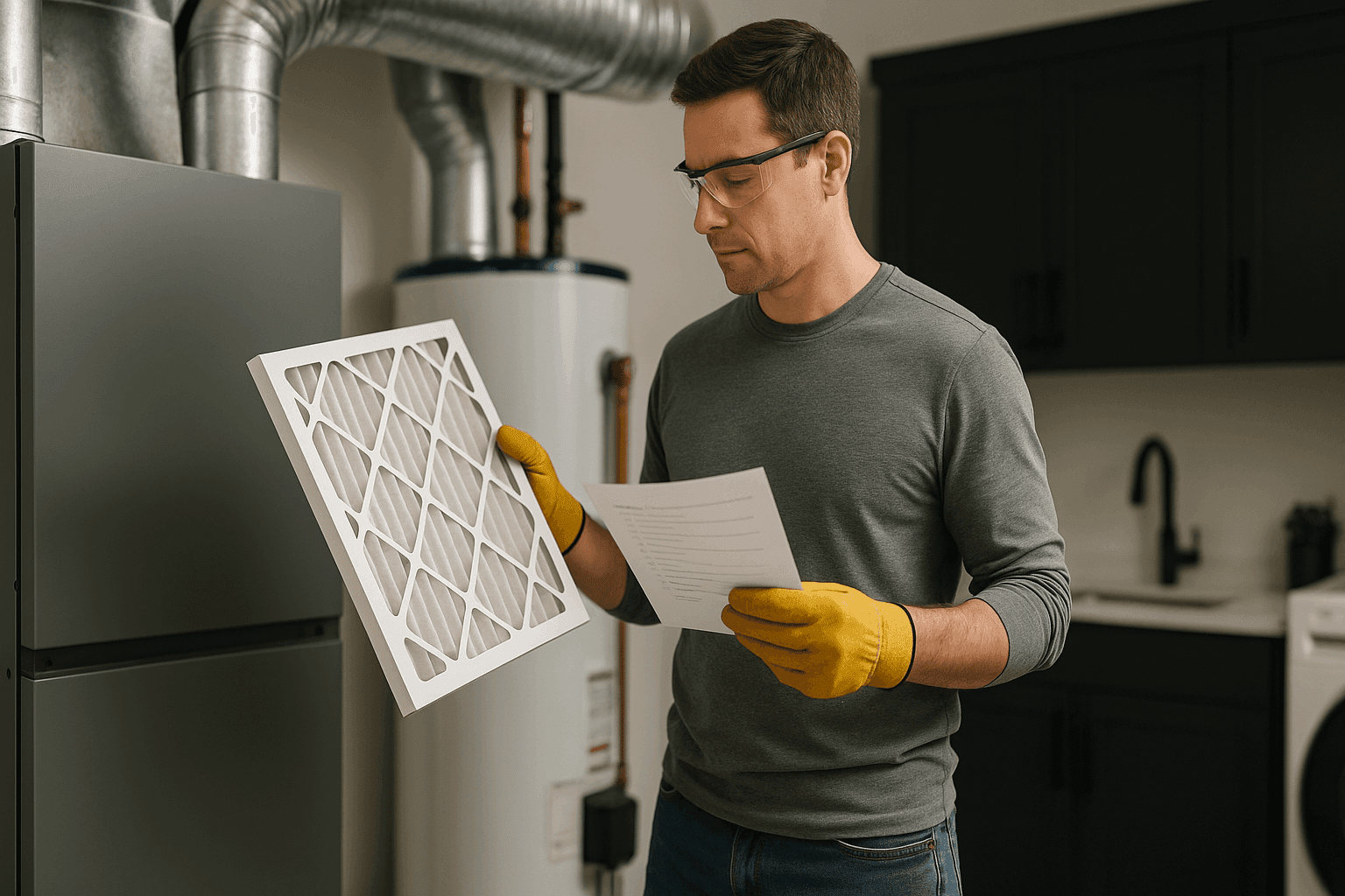 Homeowner checking HVAC filter with checklist in hand