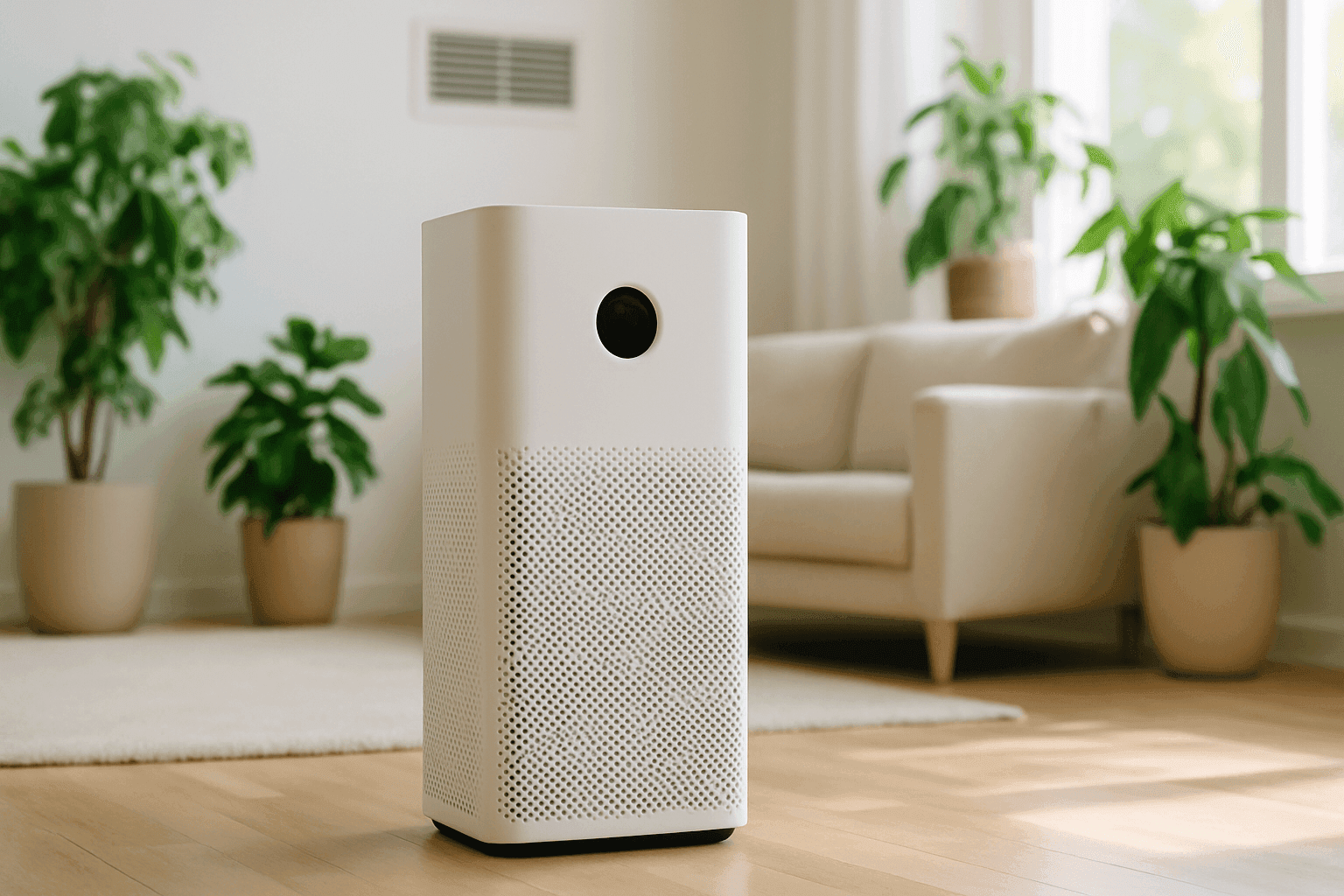 Air purifier operating in a bright family living room