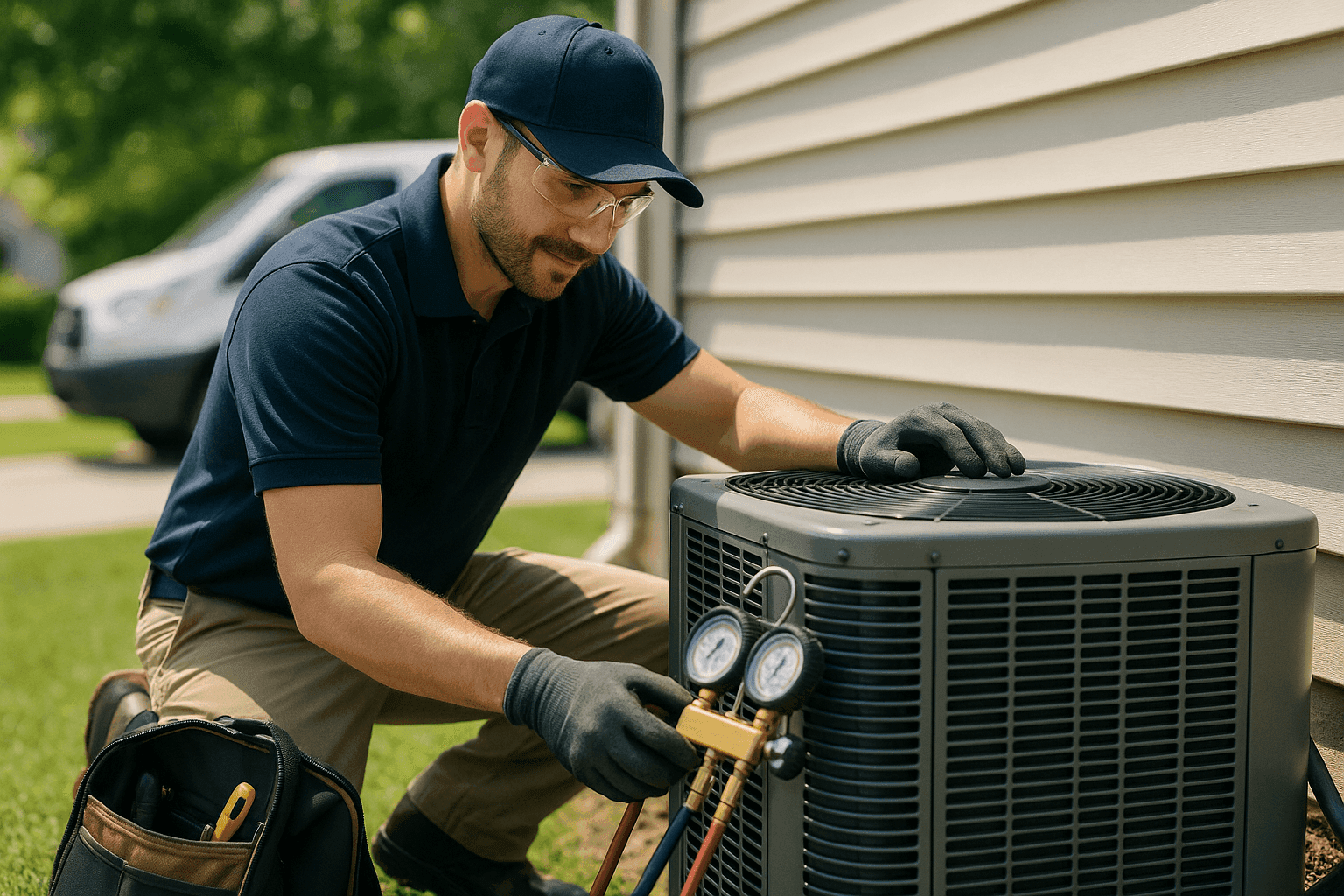 HVAC technician performing preventive maintenance on an outdoor air conditioning unit