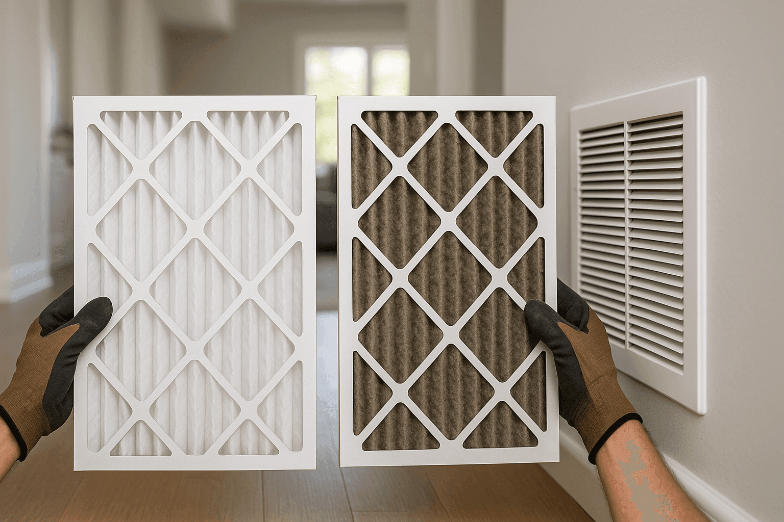 Clean air filter held next to HVAC vent for comparison