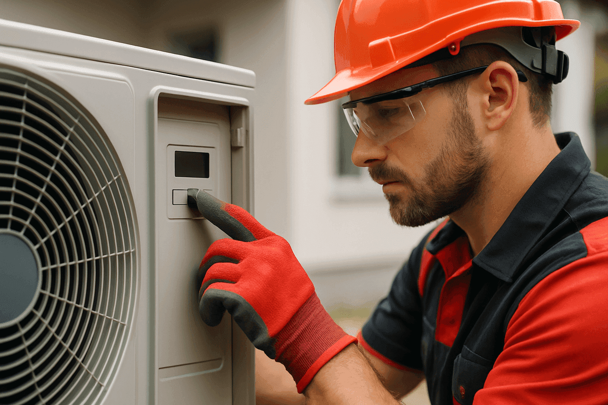 Gloved hands of HVAC technician adjusting air conditioner control panel outdoors